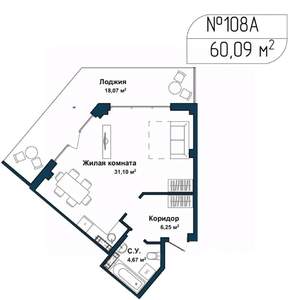 1-к квартира, вторичка, 60м2, 3/5 этаж