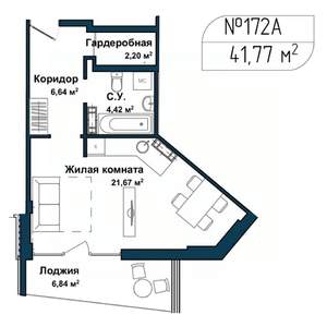 1-к квартира, вторичка, 41м2, 4/5 этаж