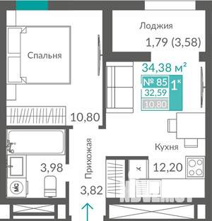 1-к квартира, строящийся дом, 33м2, 10/12 этаж
