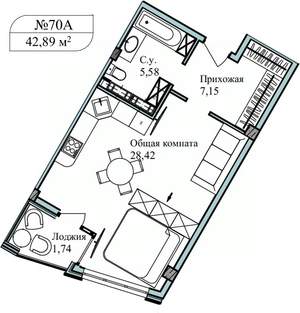 1-к квартира, сданный дом, 44м2, 2/5 этаж