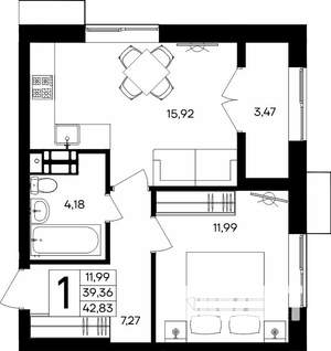 1-к квартира, строящийся дом, 43м2, 2/9 этаж