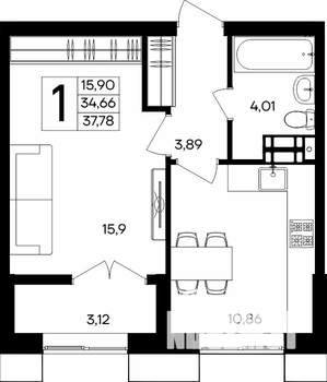 1-к квартира, строящийся дом, 38м2, 5/9 этаж