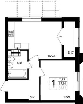 1-к квартира, строящийся дом, 43м2, 3/9 этаж