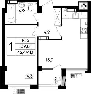 1-к квартира, строящийся дом, 42м2, 1/8 этаж