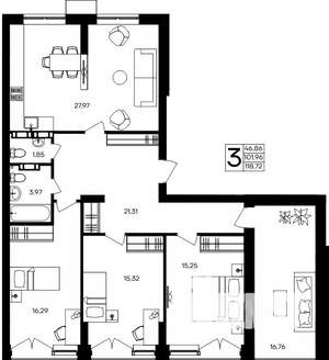 3-к квартира, строящийся дом, 119м2, 9/9 этаж