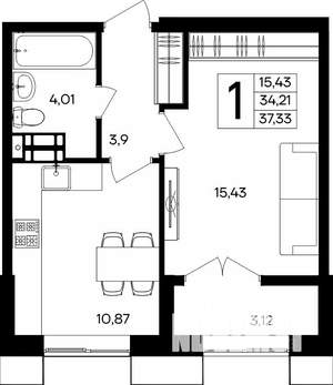 1-к квартира, строящийся дом, 37м2, 4/9 этаж