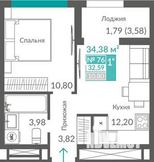 1-к квартира, строящийся дом, 33м2, 9/12 этаж