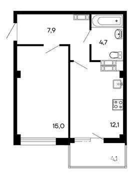 1-к квартира, строящийся дом, 44м2, 1/9 этаж