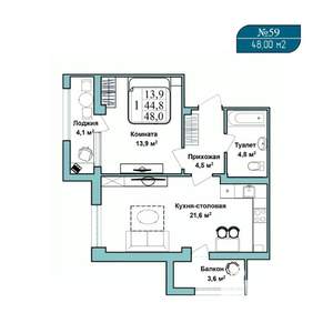 1-к квартира, вторичка, 48м2, 9/9 этаж