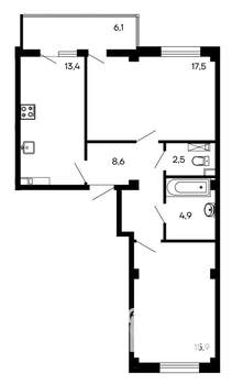 2-к квартира, строящийся дом, 69м2, 1/9 этаж