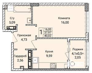 1-к квартира, вторичка, 40м2, 9/9 этаж