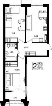 2-к квартира, строящийся дом, 62м2, 8/9 этаж