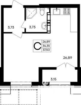 Студия квартира, вторичка, 38м2, 2/9 этаж
