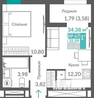 1-к квартира, строящийся дом, 33м2, 8/12 этаж