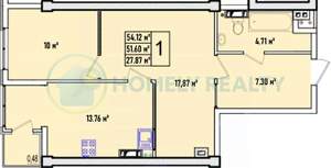 1-к квартира, вторичка, 52м2, 9/11 этаж