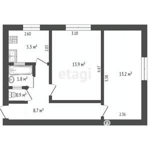 2-к квартира, вторичка, 44м2, 1/5 этаж