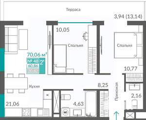 2-к квартира, строящийся дом, 61м2, 6/12 этаж