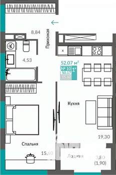1-к квартира, строящийся дом, 50м2, 4/12 этаж