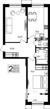 2-к квартира, строящийся дом, 62м2, 6/9 этаж