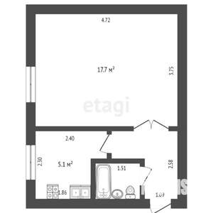 1-к квартира, вторичка, 28м2, 1/2 этаж