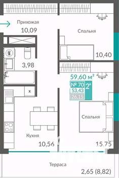 2-к квартира, строящийся дом, 53м2, 9/12 этаж
