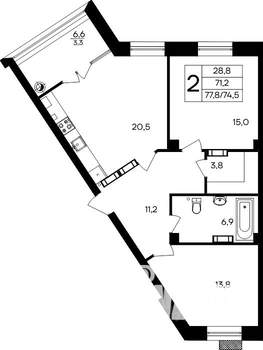 2-к квартира, строящийся дом, 78м2, 1/8 этаж