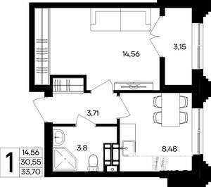 1-к квартира, строящийся дом, 34м2, 5/9 этаж