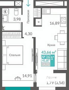 1-к квартира, строящийся дом, 42м2, 4/12 этаж