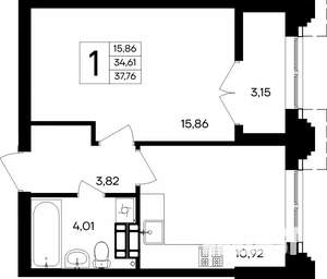 1-к квартира, строящийся дом, 38м2, 6/9 этаж