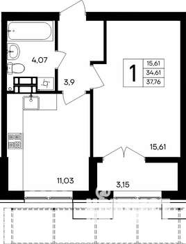 1-к квартира, строящийся дом, 38м2, 3/9 этаж