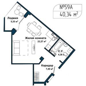 1-к квартира, вторичка, 40м2, 2/5 этаж
