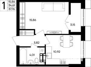 1-к квартира, строящийся дом, 38м2, 8/9 этаж