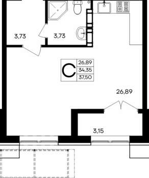 Студия квартира, вторичка, 38м2, 4/9 этаж