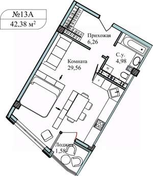 1-к квартира, сданный дом, 43м2, 2/5 этаж