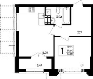 1-к квартира, строящийся дом, 43м2, 3/9 этаж