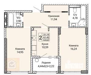 2-к квартира, сданный дом, 64м2, 3/9 этаж