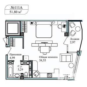 1-к квартира, вторичка, 55м2, 5/5 этаж