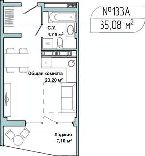 Студия квартира, сданный дом, 34м2, 4/5 этаж