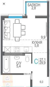 Студия квартира, вторичка, 30м2, 3/8 этаж