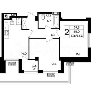2-к квартира, вторичка, 60м2, 1/9 этаж