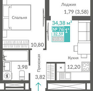 1-к квартира, вторичка, 33м2, 9/12 этаж