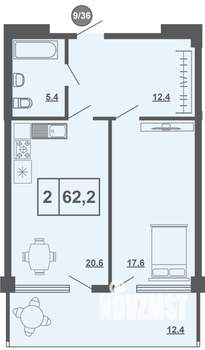 2-к квартира, строящийся дом, 62м2, 9/11 этаж