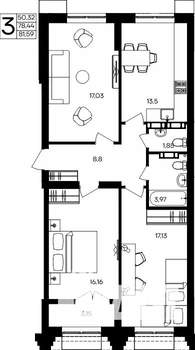 3-к квартира, строящийся дом, 82м2, 8/9 этаж