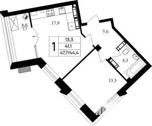 1-к квартира, строящийся дом, 48м2, 3/8 этаж