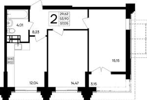 2-к квартира, строящийся дом, 57м2, 4/9 этаж