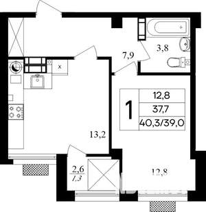 1-к квартира, строящийся дом, 40м2, 2/8 этаж