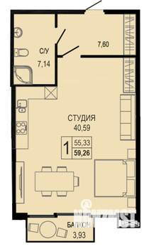 Студия квартира, вторичка, 59м2, 6/7 этаж