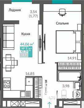 1-к квартира, строящийся дом, 42м2, 2/12 этаж