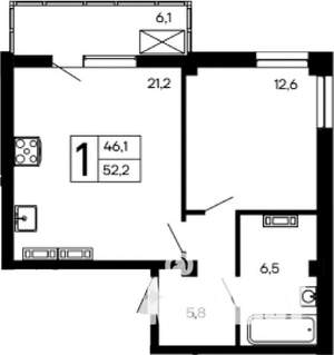 1-к квартира, вторичка, 52м2, 2/9 этаж