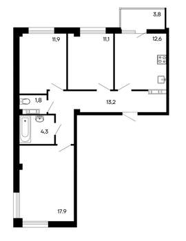 3-к квартира, строящийся дом, 77м2, 8/9 этаж